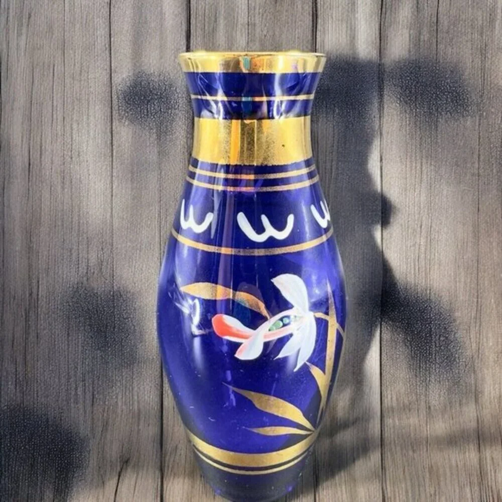 Vintage Bohemian‎ Art Glass Vase Vessel With Hand Painted Flowers Czech Vase VTG
